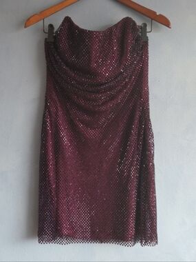 ZARA COLLECTION DIAMOND MESH BURGUNDY MINI DRESS, SIZE SMALL, NEW